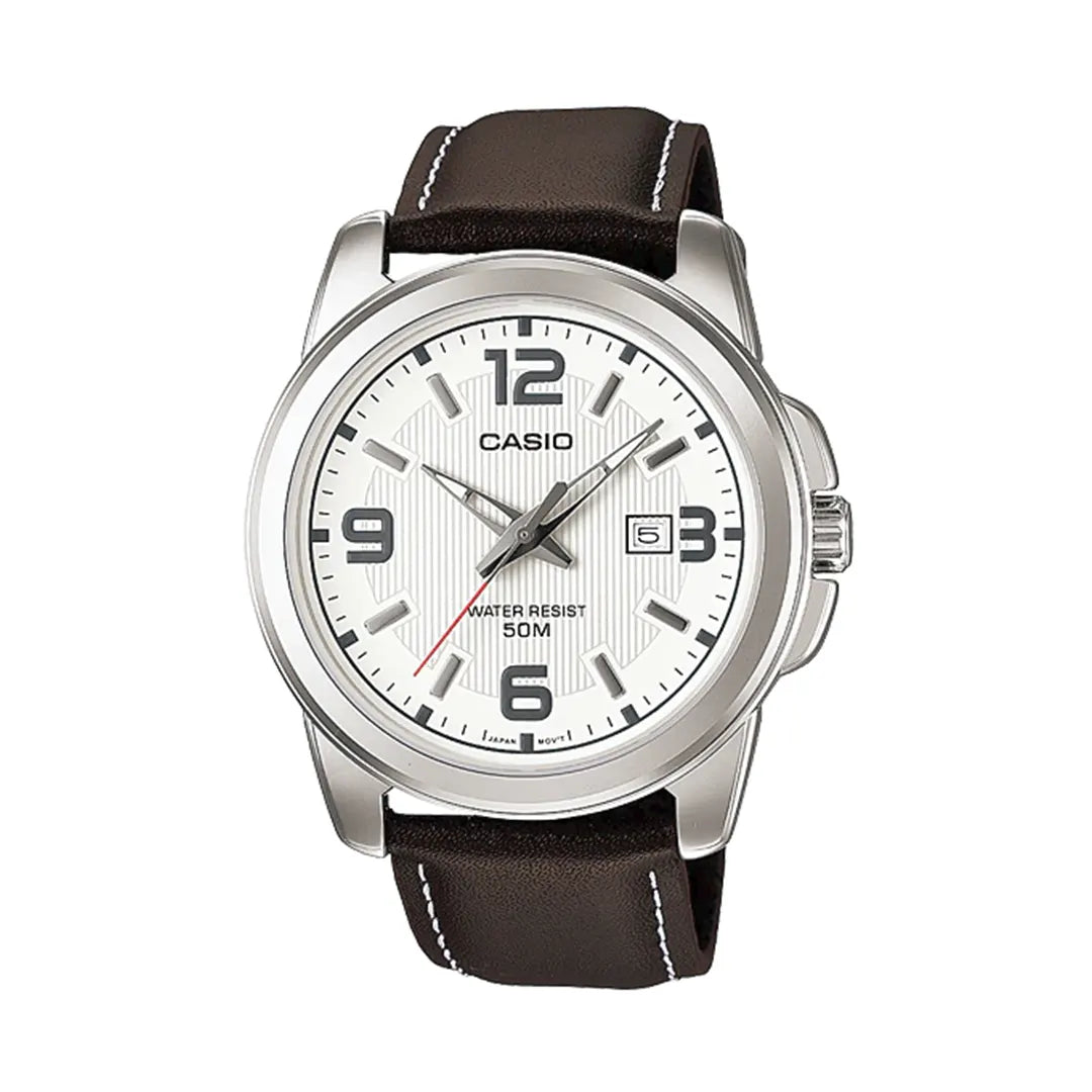 Casio MTP-1314L-7AVDF White Dial Brown Leather Strap Watch