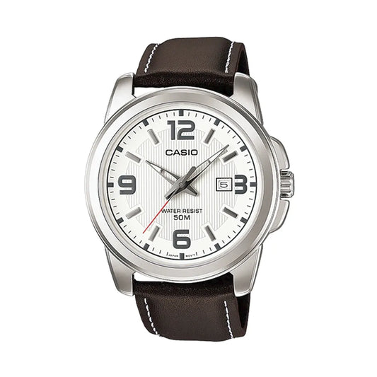 Casio MTP-1314L-7AVDF White Dial Brown Leather Strap Watch