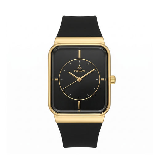 Fitron 9356M Black Dial Gold Tone Rubber Strap Watch