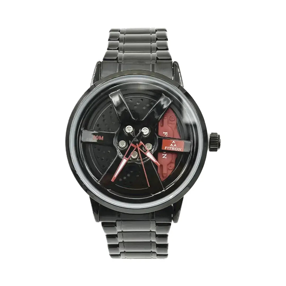Fitron 9865M Men’s Analog Sports Watch – Black Steel with Red Accents