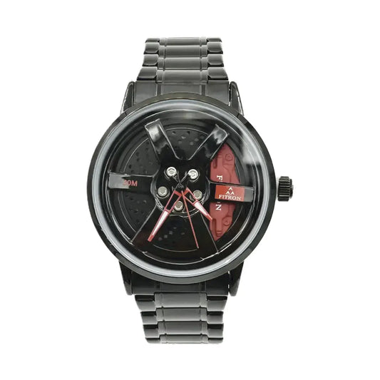 Fitron 9865M Men’s Analog Sports Watch – Black Steel with Red Accents