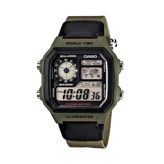 Casio AE-1200WHB-3BVDF World Time Digital Olive Green Cloth Strap Watch