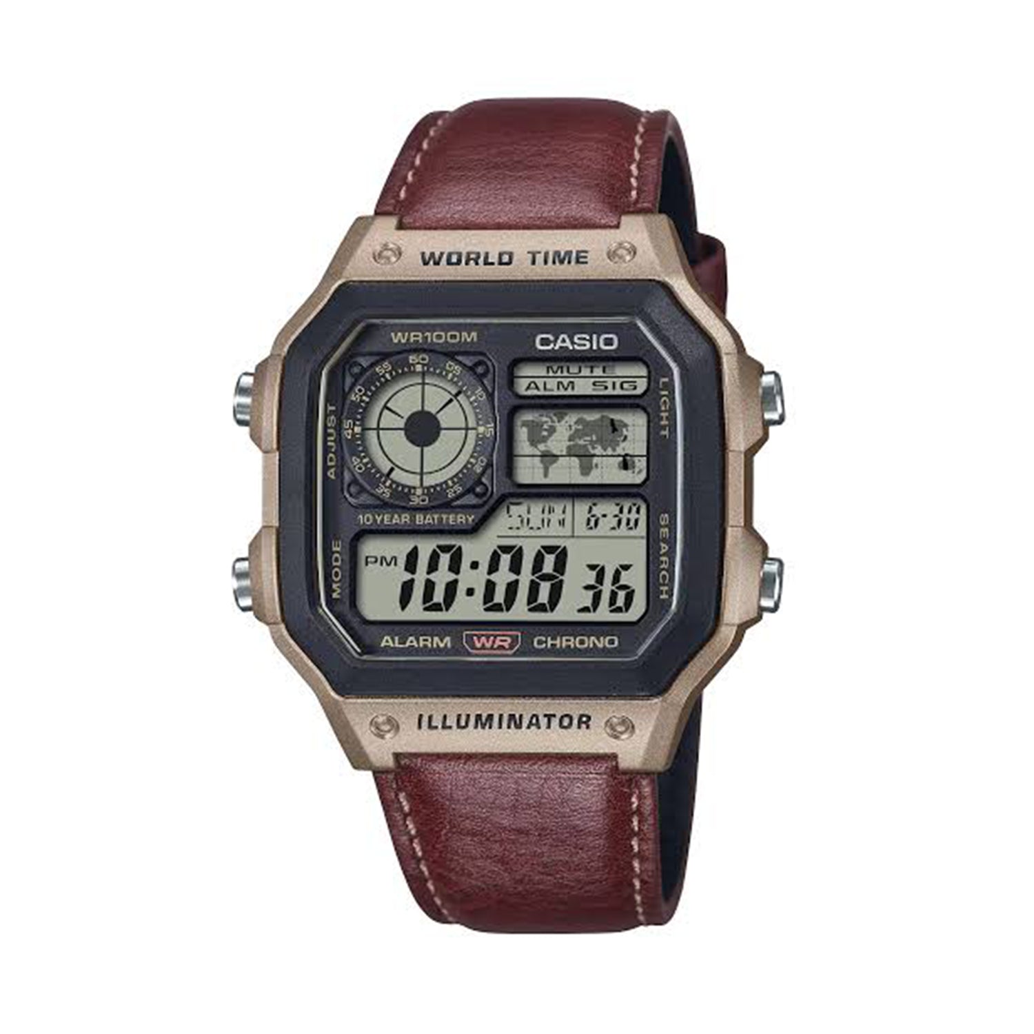 Casio AE-1200WHL-5AV World Time Digital Watch with Brown Leather Strap