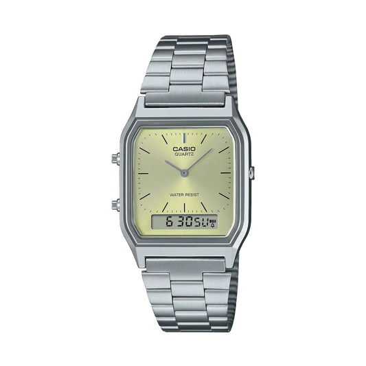 Casio AQ-230A-9AMQY – Dual Display Vintage Stainless Steel Watch