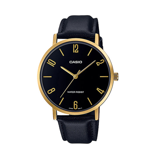 Casio MTP-VT01GL-1B2UDF Black Dial Gold Tone Leather Strap Watch