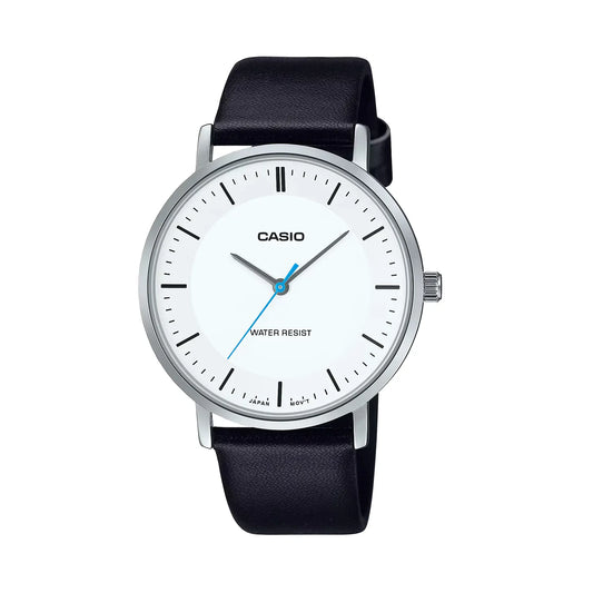 Casio MTP-VT04L-7E White Dial Black Leather Strap Minimal Watch