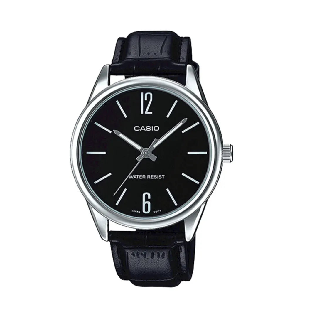 Casio MTP-V005L-1B Black Dial Black Leather Strap Watch