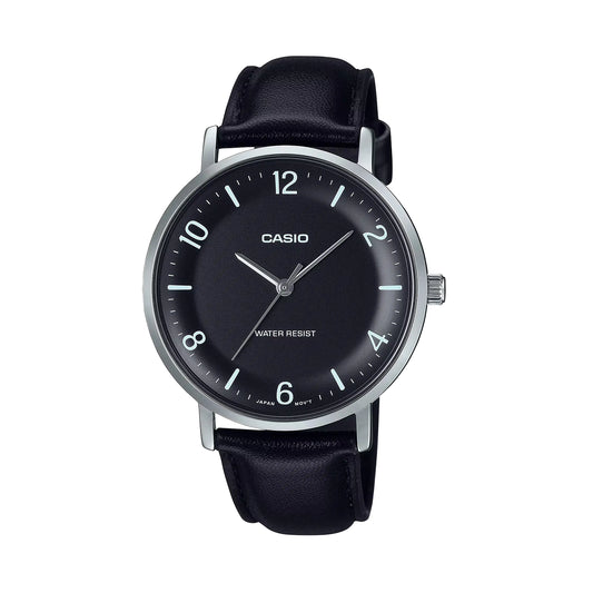 Casio MTP-VT03L-1B Minimalist Black Dial Leather Strap Watch
