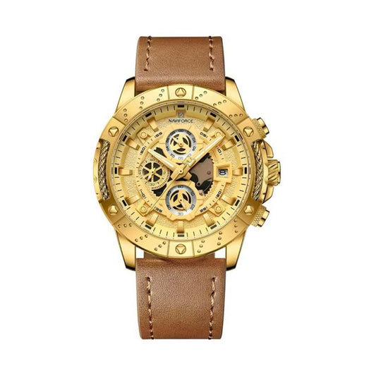 Naviforce NF8055 Gold Dial Brown Leather Strap Chronograph Style Watch
